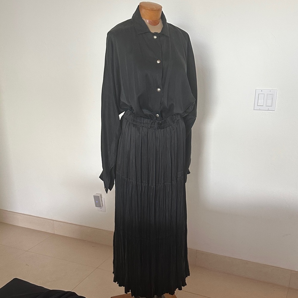 Black Long-Sleeve Button Blouse with Pleated Maxi Skirt - Women